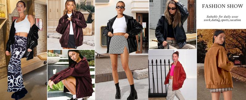 Goranbon Womens Oversized Leather jacket Lapel Bomber Coat Classic Casual Zip Up Warm Fall Winter Clothing Faux Elegance