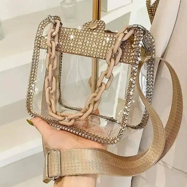Clear Rhinestone Purse for Women, Sparkly Crystal Crossbody Bag with Chunky Chain and Adjustable Wide Strap, Concert Party Evening Handbag