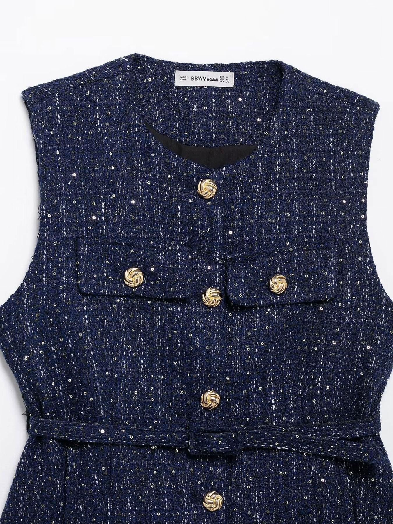 Women's Elegant Belted Sequined Vest, Round Neck Sleeveless Single Button Fitted Jumper, Vintage Fashion Commuter Style, Casual Daily Wear
