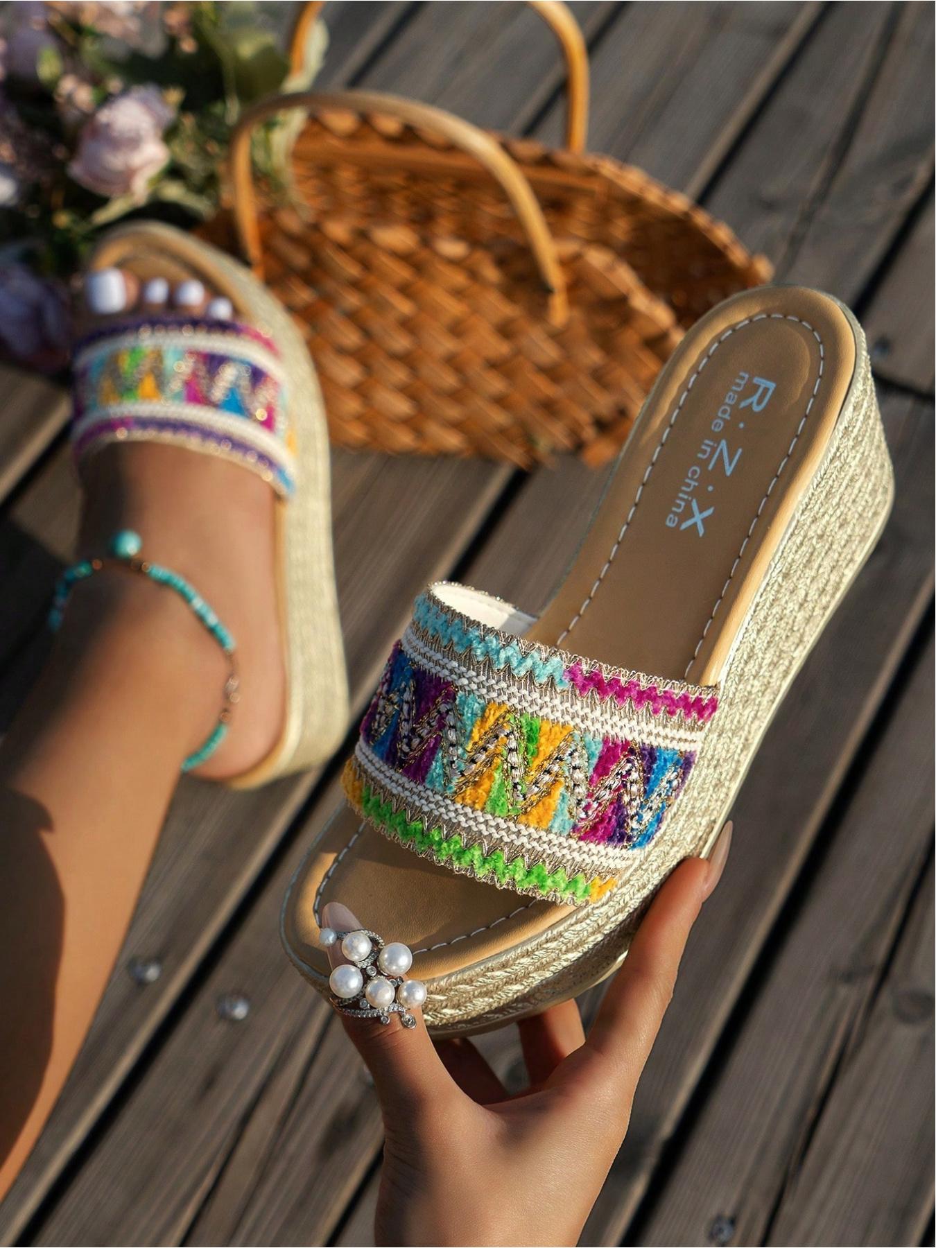 Vintage Bohemian Resort Style Handmade Crochet & Straw Wedge Heels, Breathable, Thick Sole, Anti-Slip, Multiple Sizes & Colors, Perfect for Daily Wear