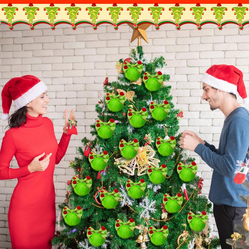 Christmas Clearance Sale Christmas Decorations Green Monster Christmas Ornament Christmas Balls, Shatterproof Glittering Christmas Tree Decoration, Funny Cute Lime Green Furry Hanging Ornament with Red Bow, Holiday Party Home Christmas Decor for Xmas Tree