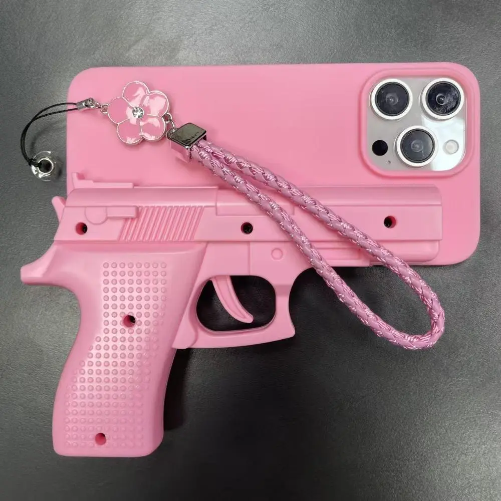 Phone Case: Suitable for Apple's All-inclusive Anti-fall Protective Cover Creative Niche Fun Pink Toy Pistol IPhone16 15 14 13 12 11 XR X 8 7 Pro Max with Lanyard