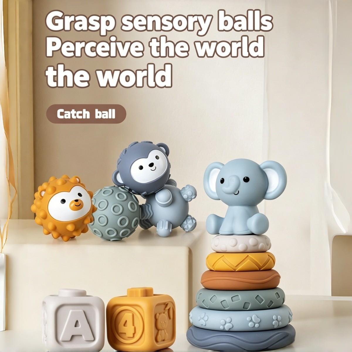 13pcs Baby Hand Grip Ball Toy, Soft Gel Blocks, Stacking Rings, Sensory Stimulus, Shape Recognition, Suitable for Kids Aged 6+ Months