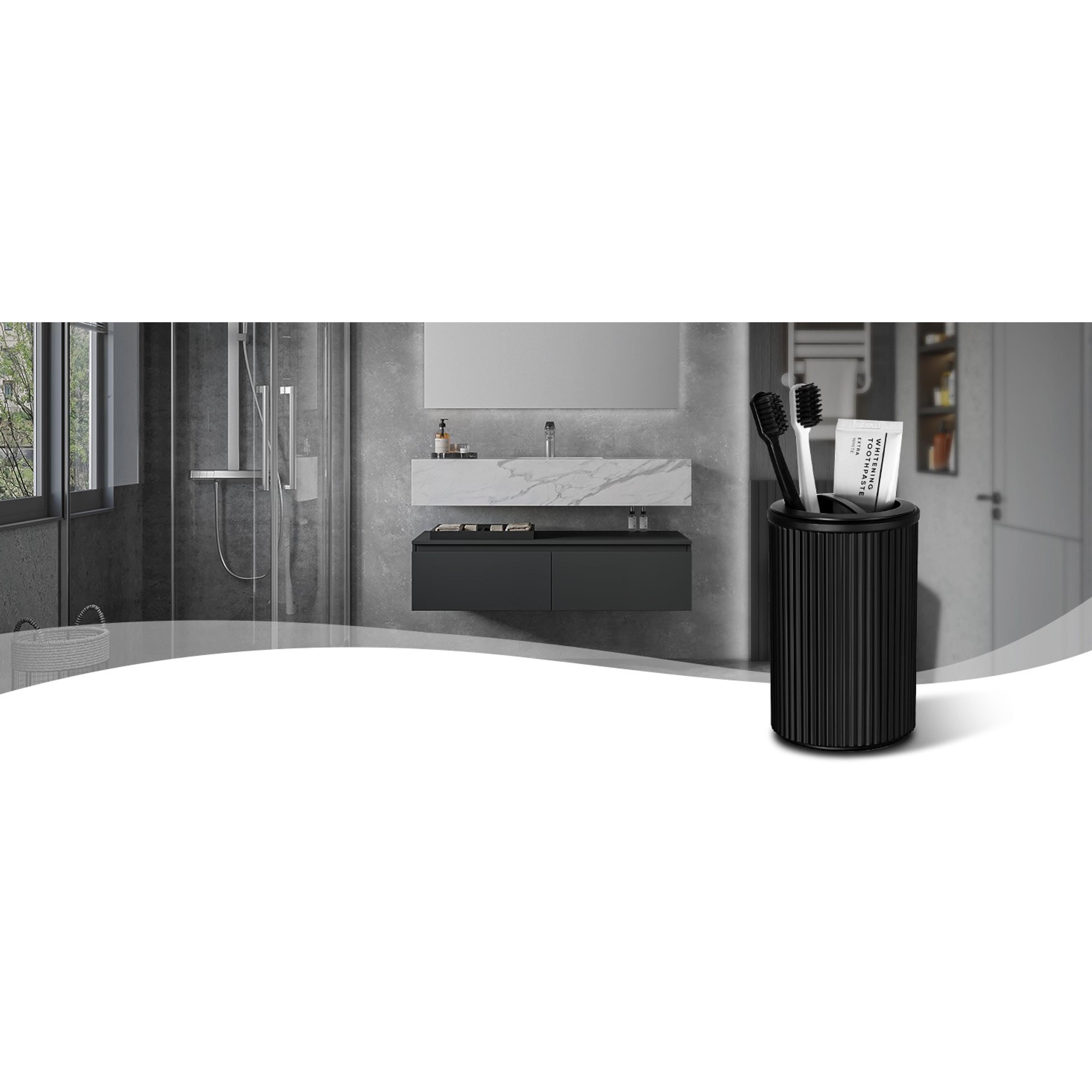 Matte Black 4-Pc Glass Bathroom Accessories Set - Stainless Steel Pump Soap Dispenser, Toothbrush Holder, Wipe-Clean Organiser, Qtip Holder for Modern Home Sink Decor Matte Black 4-Pc Glass Bathroom Accessories Set - Stainless Steel Pump Soap Dispenser, Toothbrush Holder, Wipe-Clean Organiser, Qtip Holder for Modern Home Sink Decor