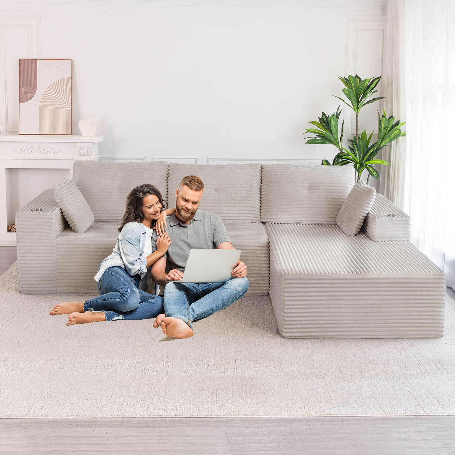 MAXYOYO Titan L-Shaped Sofa, 104" Modular Couch, Corded Cloud Sectional Floor Sofa, Cozy for Living Room or Apartment, 104"*65"*31.5", 2 Cupholders Design