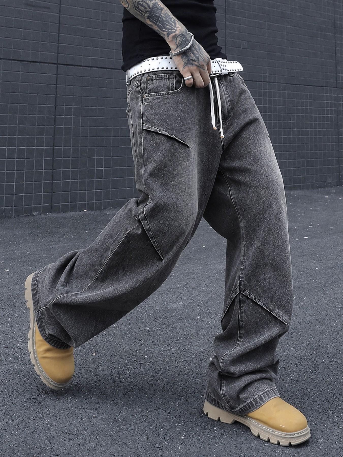 Men’s Light Blue Washed Jacquard Baggy Jeans with Drawstring Waist and Asymmetric Panel Details, Wide Leg Streetwear Denim Pants