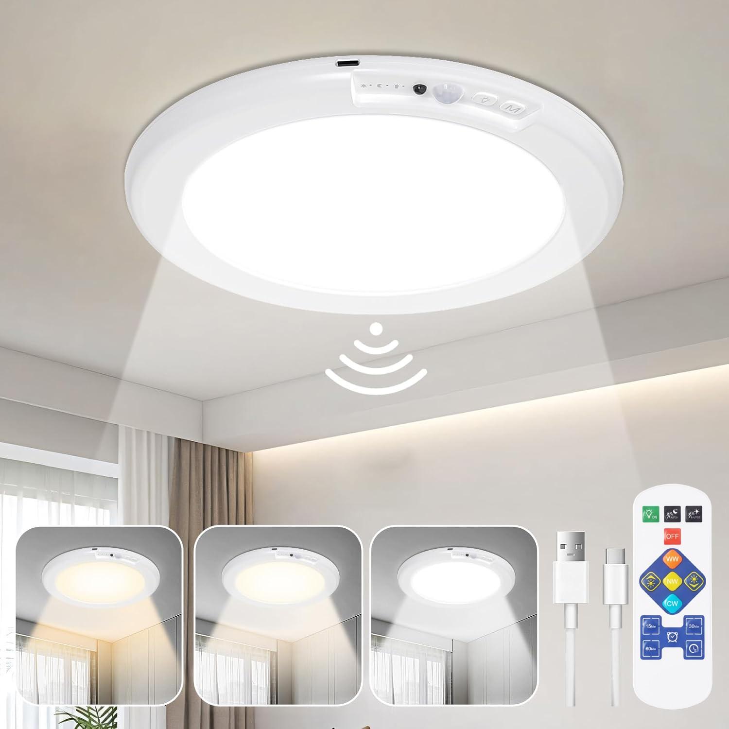 Rechargeable Motion Sensor Ceiling Light 7.5", 4000mAh Wireless Battery Operated Ceiling Lamp with Remote Control, Dimmable, 3 Color Temperatures, for Bedroom, Garage, Porch, Stairs, Hallway