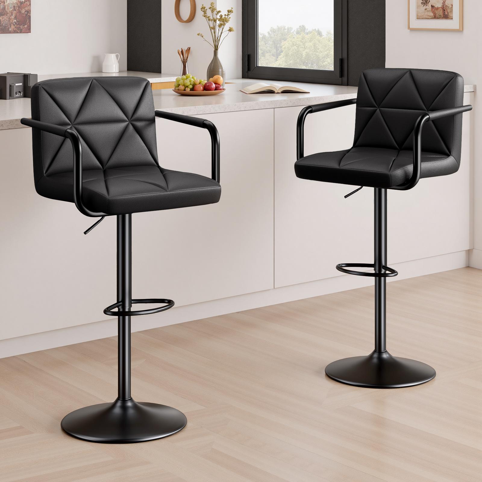 Set of 2 Barstools, Adjustable Height 25.5-34.5 IN with Back & Arms, Swivel PU Leather Upholstered Counter Height Bar Chairs