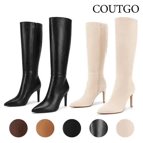 Coutgo Women's Knee High Boots - Pointed Toe Stiletto Heels - Minimalist Plain Design - Rubber Sole Footwear for Women