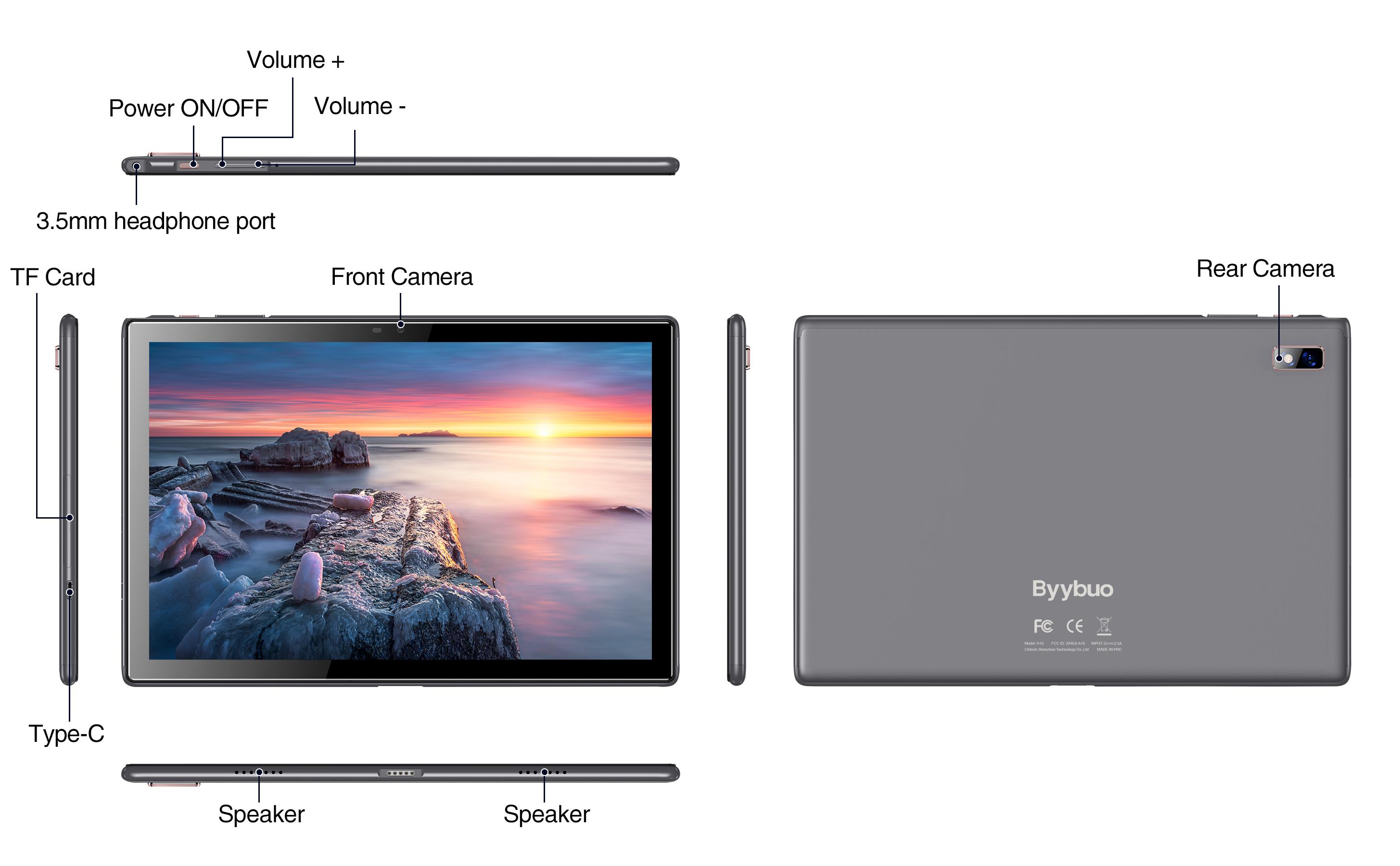 BYYBUO SmartPad A10_L Tablet 10.1 inch Android 14 Tablets, 64GB ROM Quad-Core Processor 5000mAh Battery, 1280x800 IPS HD Touchscreen 5MP+8MP Camera, Bluetooth,WiFi (Grey)