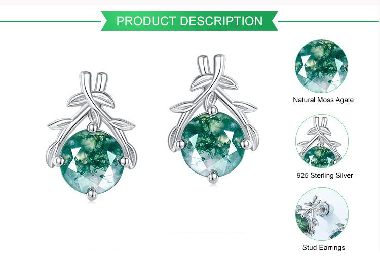 Girls Cute Stud Earrings Hypoallergenic Shiny Jewelry Leaf Branch Natural Moss Agate Real 925 Sterling Silver Earrings for Women  Valentine Gift for Girlfriend