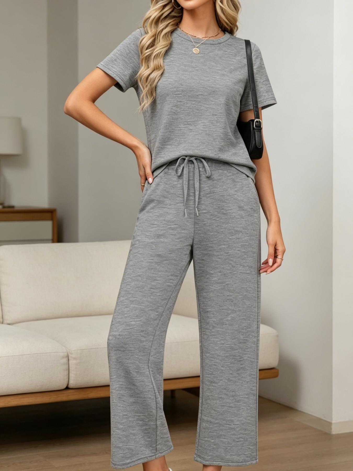 Women's Fashion Solid Color Casual Round Neck Pocket T-Shirt + Drawstring Wide Leg Pants Set Loose Fit Slimming Wide Leg Pants Two-Piece Set Suitable for Summer Commuting to Work Shopping Outings Indoor and Outdoor Wear