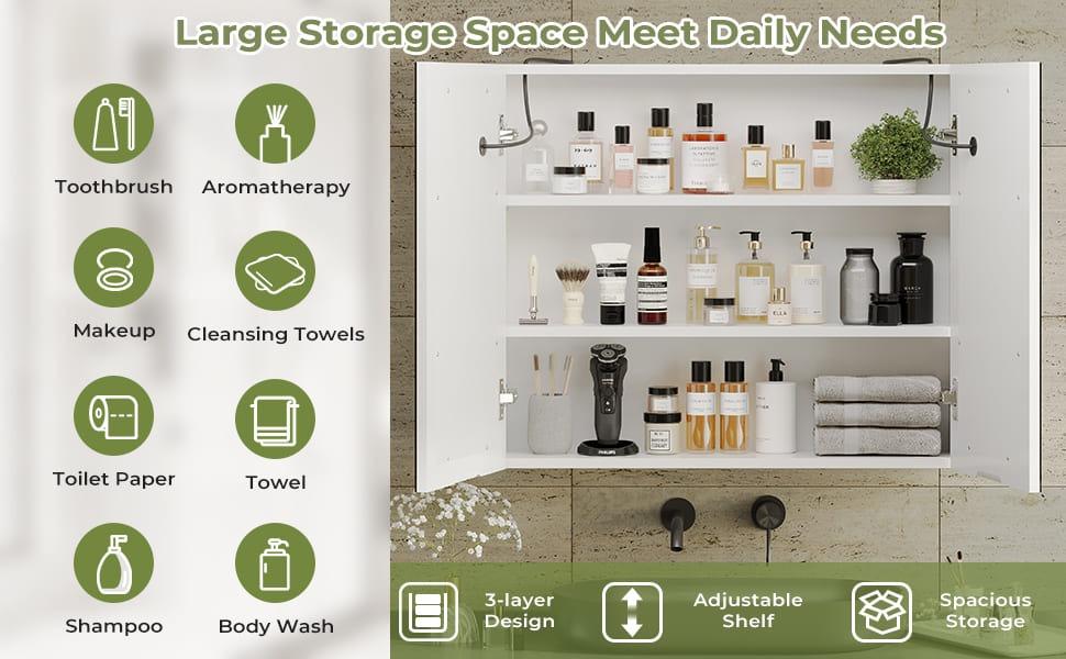 Sikaic Lighted Double Doors Medicine Cabinet with Touch Switch Mirrors and Storage Adjustable Shelves White Furniture Bathroom Vanity Home Led