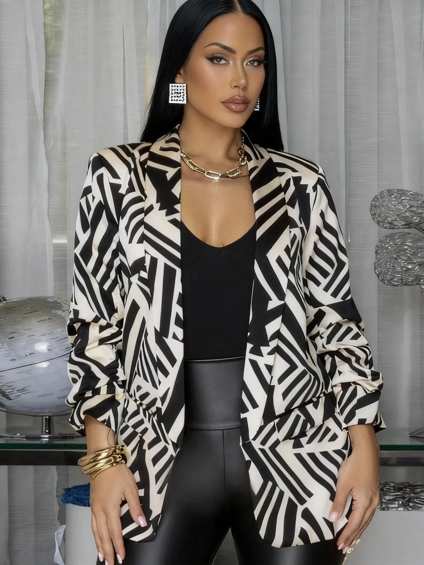 Women's Fashion Casual Jacket Blazer, Graphic Geometric Zebra Print, Loose Suit Style, Open Neck, Stacked Sleeves, Retro Modern Look