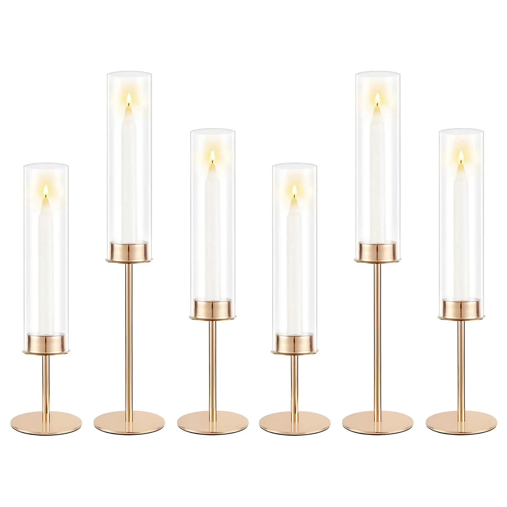 Set of 3/6 Hurricane Glass Candle Holders Gold – Taper Candlestick Holders with Clear Cylinder Sleeves, Elegant Centerpiece for Wedding, Birthday & Home Decor
