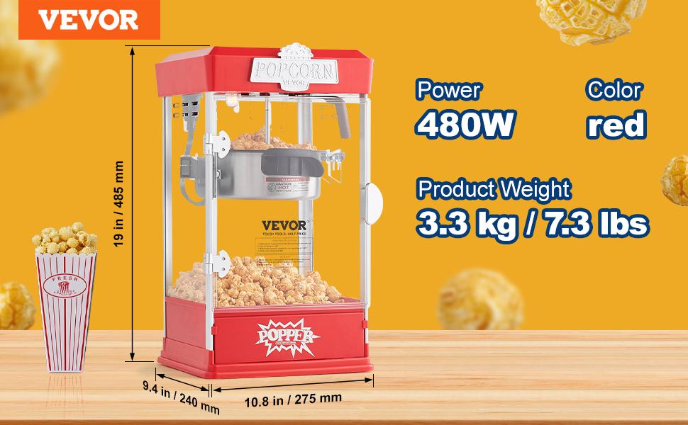 VEVOR Popcorn Maker, 480W Popcorn Popper Machine, 4 Oz Kettle Makes 1.5 Gallon per Batch, Tabletop Popcorn Maker, Includes 3 Scoops, Movie Theater Style, Red