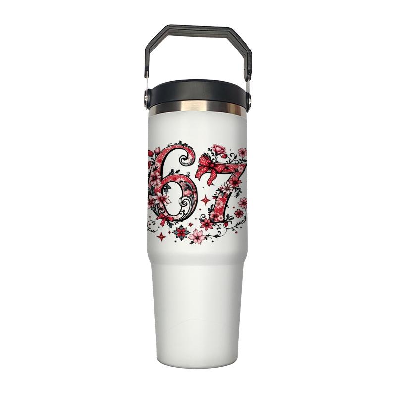30oz Handheld Insulated Cup with Rose Pattern, Large Capacity Stainless Steel Water Bottle with Straw, Ideal for Sports Outdoor Home Travel Gift