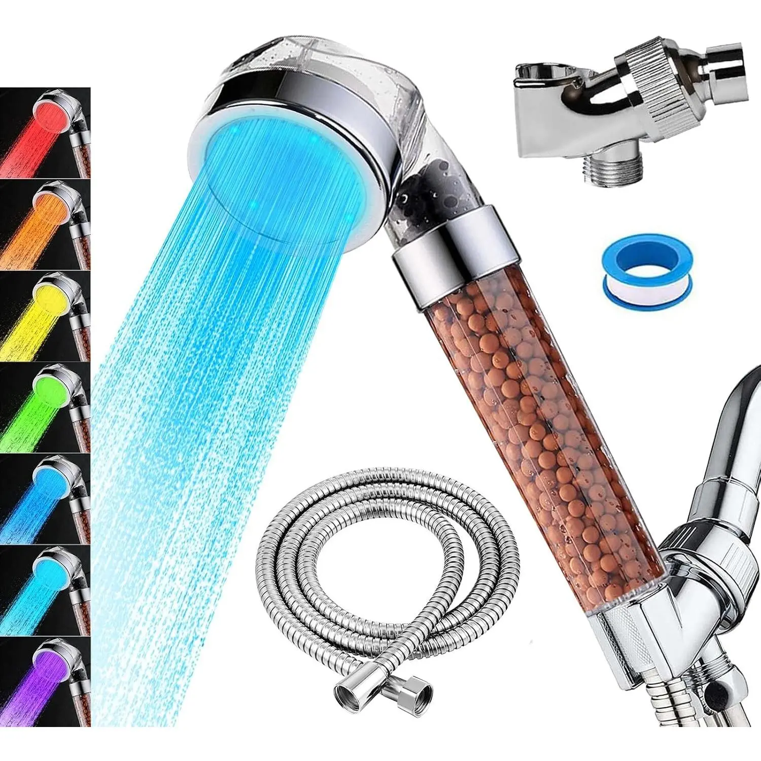 LED Handheld Shower Head Set with Filtration, Automatic 7-Color Changing Shower Head Kit, High Pressure Handheld Shower Head with Hose and Bracket, Water Saving Showerhead with Filtration BeadsGift
