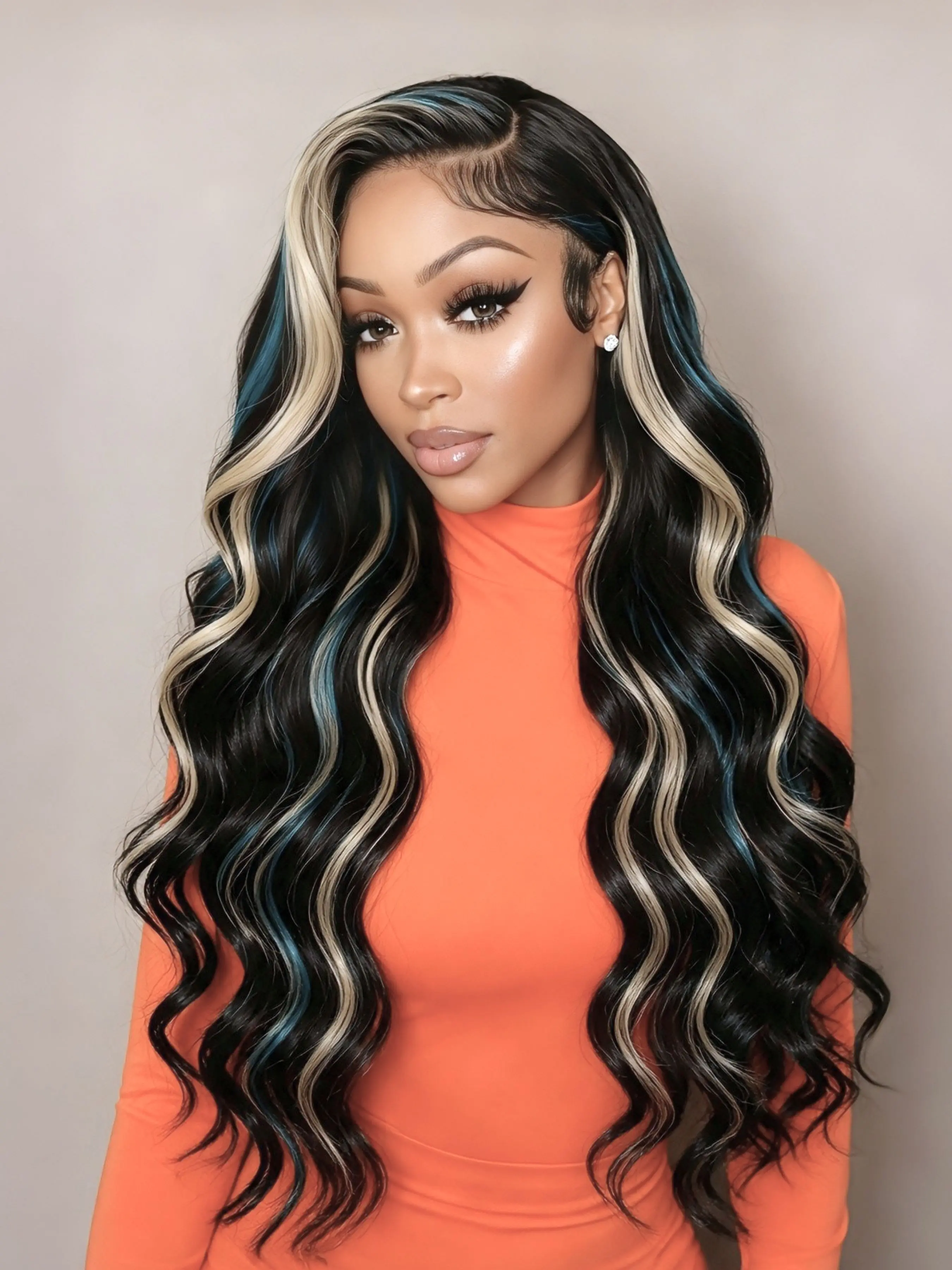 28 Inch Black Ombre Body Wave Lace Front Wig with Blonde Money Piece & Blue Highlights 13x4 Free Part HD Transparent Lace Pre-Plucked Hairline Heat Resistant Synthetic Wig Glueless Natural Look for Women Daily & Party Wear