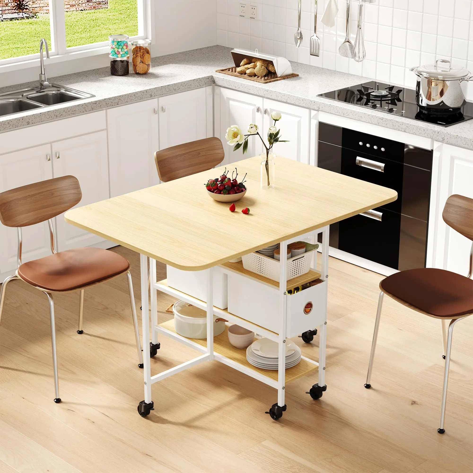 Space-Saving Foldable Dining Table with Wheels & Storage | Drop Leaf Small Apartment Table on Casters | Rolling Kitchen Cart Desk w/ Drawer for Living Room, Only Table