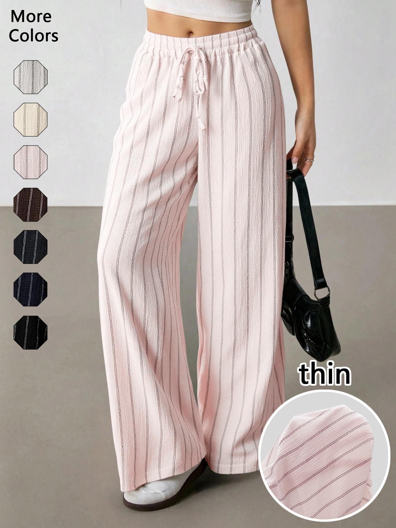 Women's Striped Waist-Tie Straight-Leg Loose Streetwear Pants, Casual Style, Moderate Fabric Thickness, All-Season Wear