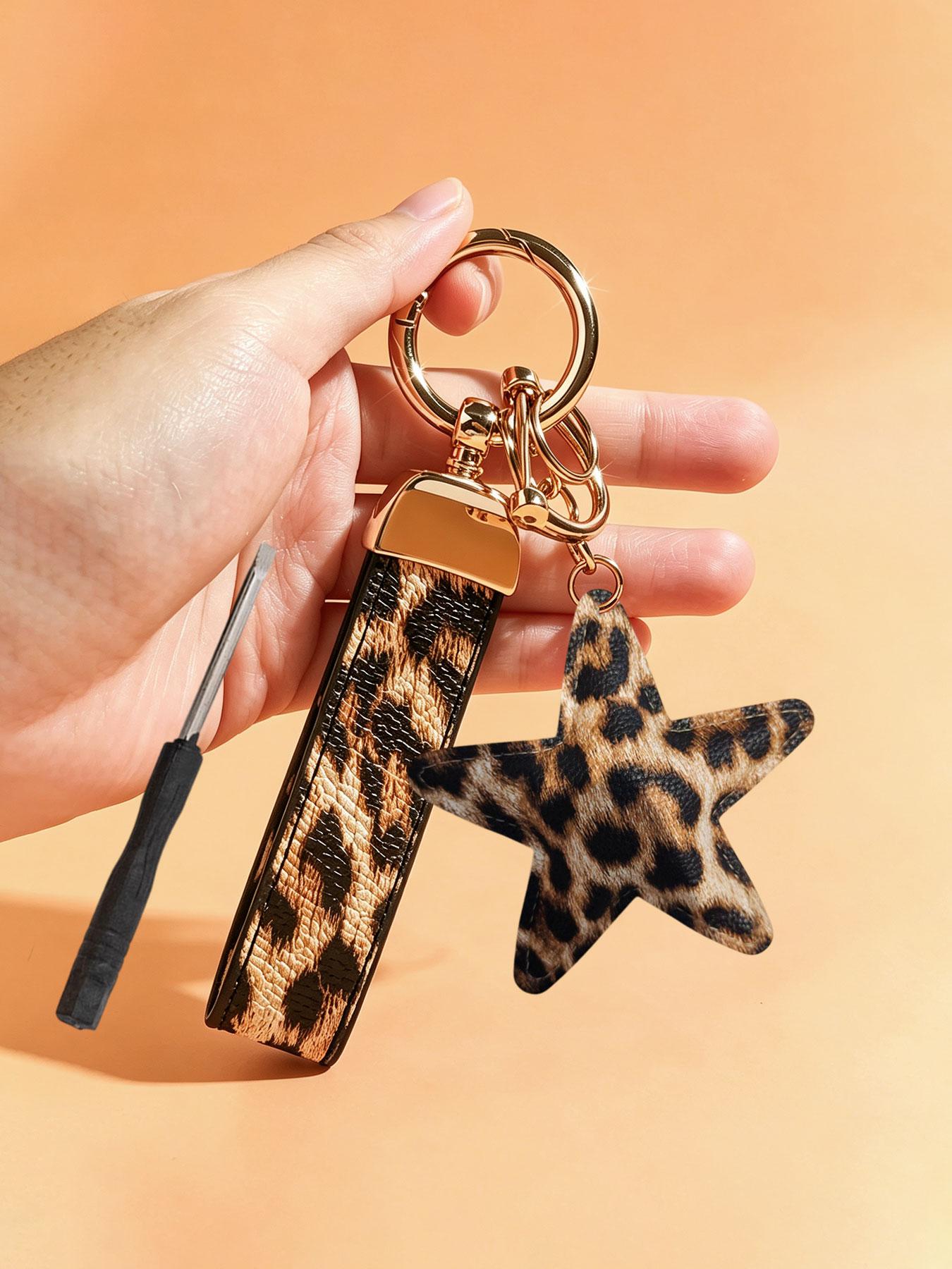 Leopard Print Heart/Star Purse Charm Bag Keyring & Leopard Print Car Key Fob Lanyard with Anti-Lost D-Ring Faux PU Leather Keychain Car Key Holder Strap Animal Cheetah Print Car Key Handbag Charms Bag Pendant Backpack Automotive Accessories Couple Gift