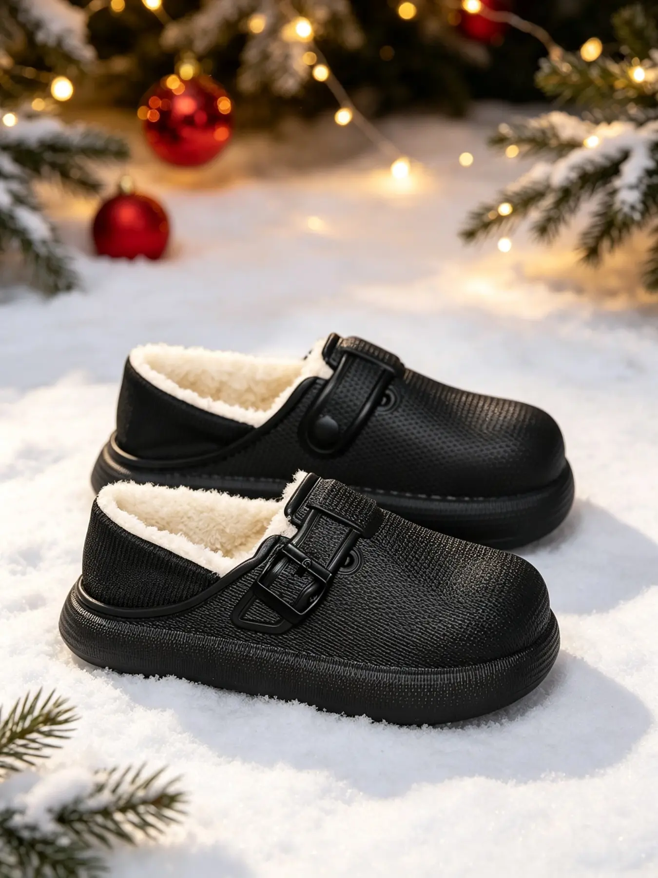 Women Men Fleece Lined Buckle Clogs, Winter Warm Waterproof Slip on Shoes, Outdoor Indoor Non Slip Thick Sole, Cozy Plush Lined Mules Slippers