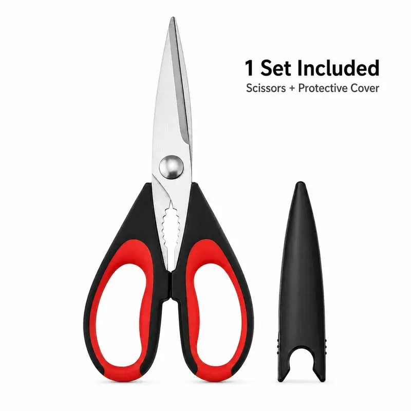 Heavy-Duty Stainless Steel Kitchen Shears with Protective Cover - Ultra-Sharp All-Purpose Poultry Scissors for Chicken Bones, Meat, Meal Prep