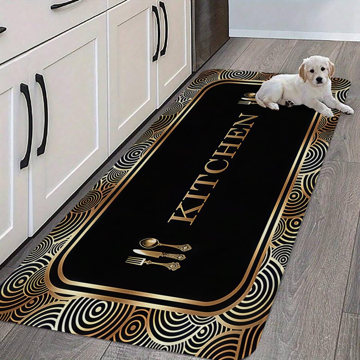 kitchen anti slip carpet floor, black gold geometric texture design printed kitchen floor, soft and comfortable flannel anti slip washable kitchen floor, suitable for kitchen, dining room, room decoration floor, Kitchen Area Rug