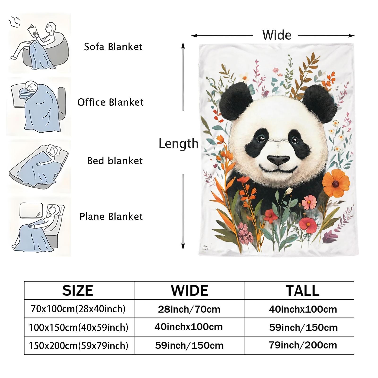 Boho Watercolor Panda Wildflower Flannel Blanket, Aesthetic Floral Animal Print Throw Blanket, Ultra Soft Cozy Warm Blanket, Stylish Gift Blanket for Panda Lovers, Couch, Bed & Home Decor