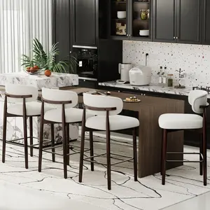Set of 4 Beige 26 Inch Counter Height Bar Stools With Wood Legs, Modern Linen Fabric Upholstered Barstools With Backrest and Metal Footrest for Kitchen Island, Dining Room and Home Bar