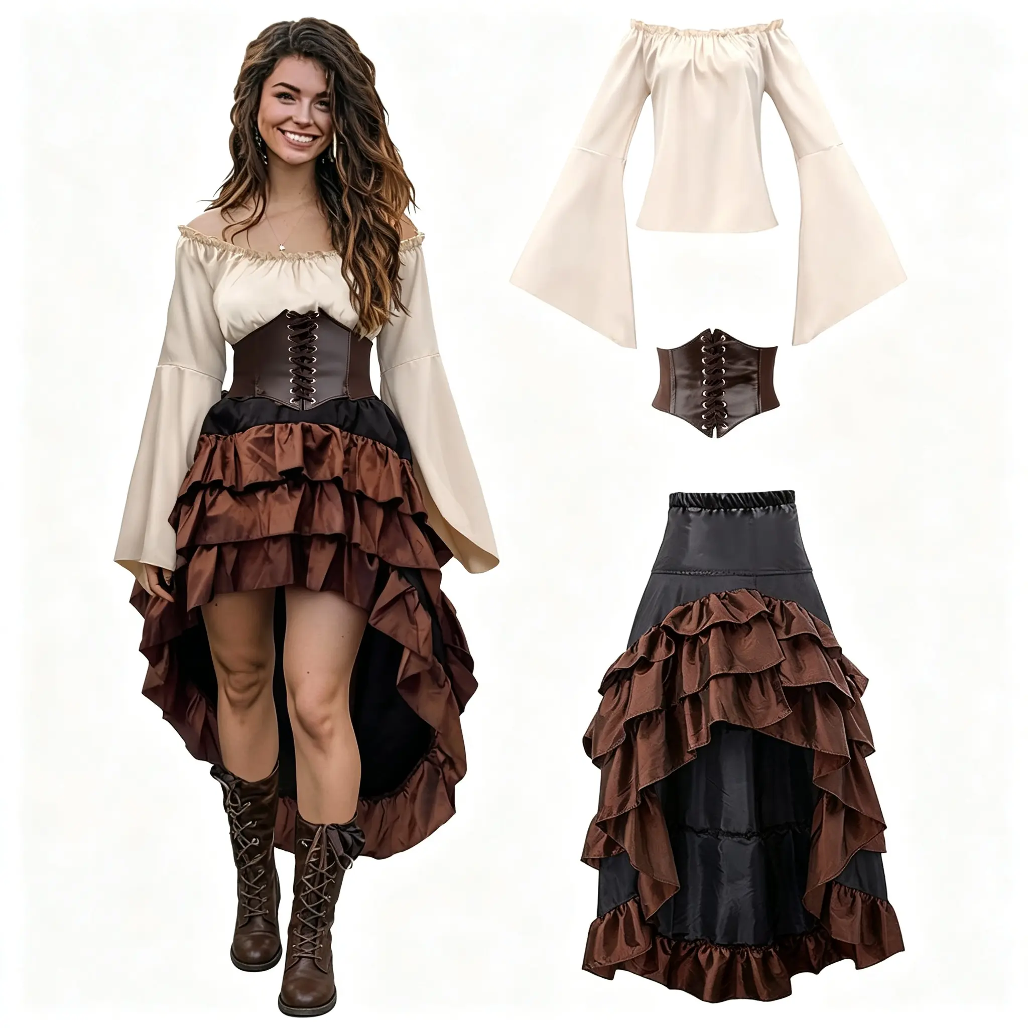 Women's 3-Piece Medieval Themed Cosplay Outfit - Off-Shoulder Flare-Sleeve Top, Lace-Up Corset Belt, Irregular Ruffle Long Skirt