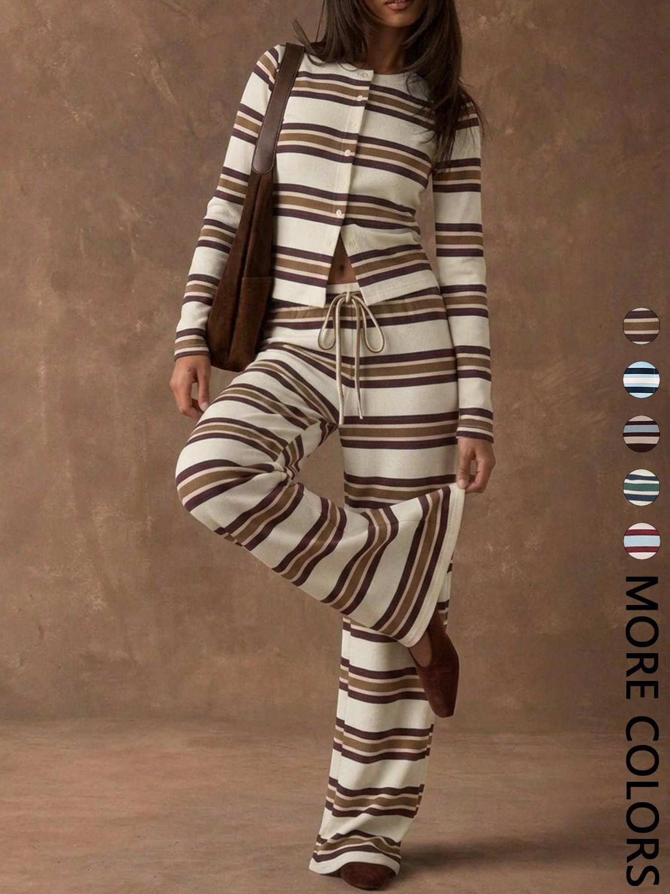 Women's Striped Knit Two-Piece Set, Crew Neck Long Sleeve Button Front Crop Top, Elastic Waist Drawstring Wide Leg Pants, Daily Casual Loungewear Vacation Wear, Soft Stretchy Breathable