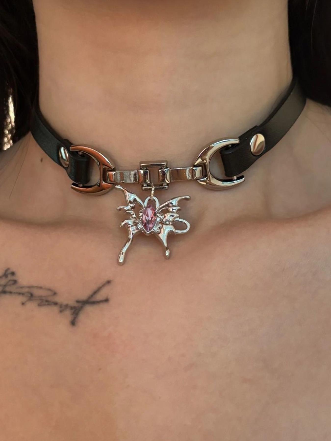 Women's Punk Style Leather Adjustable Star Necklace, Dark Metal Gothic Cross Star Butterfly Pendant Design, Party Personalized Jewelry Accessory