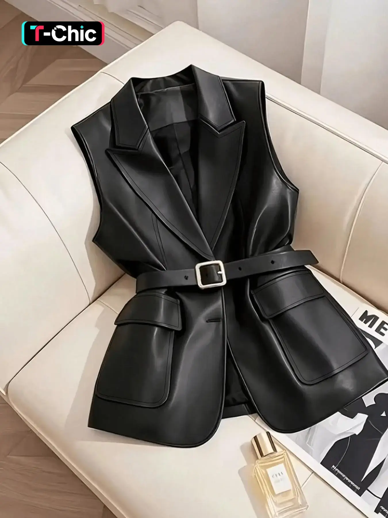 Women's Fitted PU Leather Look Sleeveless Gilet, Collar Waist Slimming Design, Fall Winter Layering Essential, Casual Street Style【No belt included】