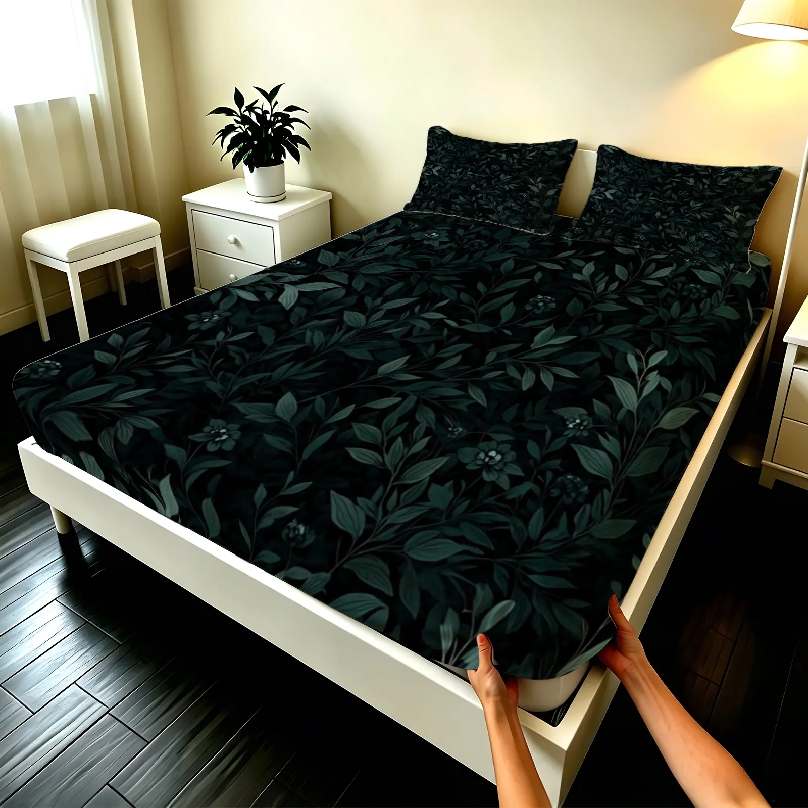 3pcs Fitted sheet Dark Green Leaves Pattern Soft Microfiber Bedding Set, Deep Pocket Non Slip, Wrinkle Resistant Fade Proof Breathable for Bedroom Hotel Home, Twin Full Queen King Size