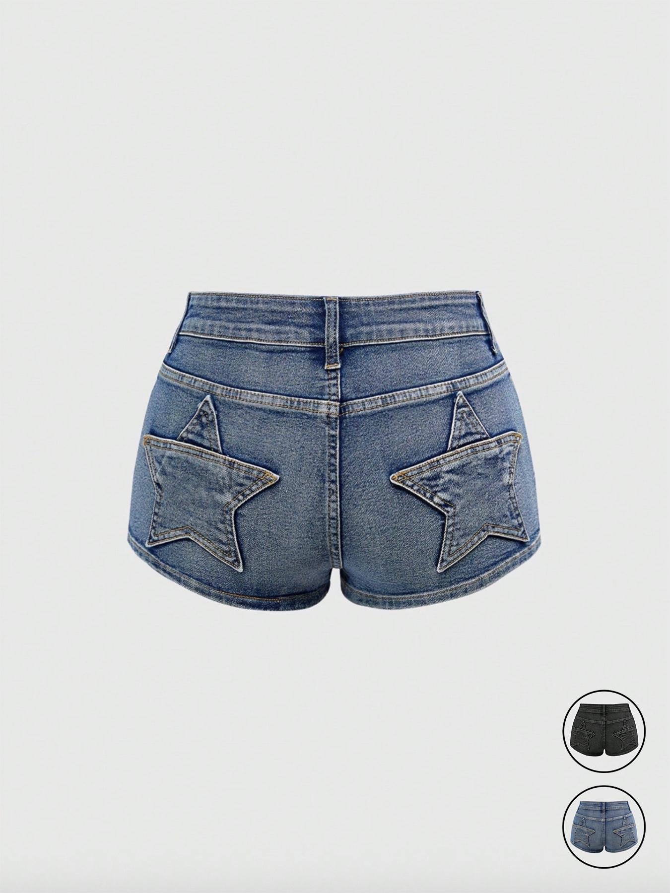 Women's Casual Chic Retro Low-Rise Super Short Butt Pocket Star Patch Low Waist Denim Shorts, Y2K Stretch Denim Shorts, Comfortable and Stylish Summer Bottoms, Perfect for Daily Wear and Leisure Activities