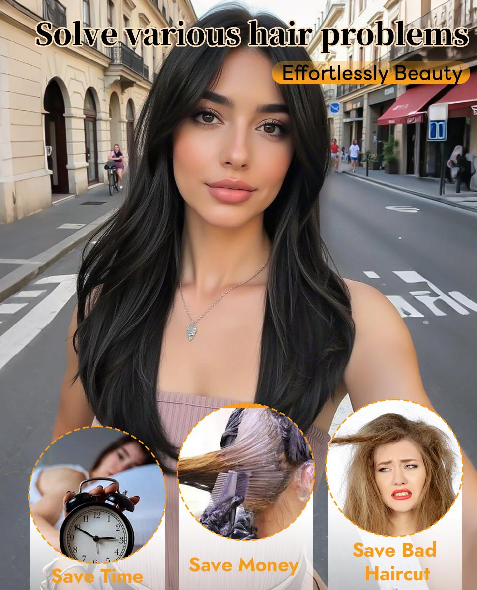 [AISI HAIR] Black Wig With Bangs Wear and Go Glueless Synthetic Lace Front Highlight Wigs for Women Pre Plucked Pre Cut Layered Black Wig Ready to Wear Middle Part 24 Inch