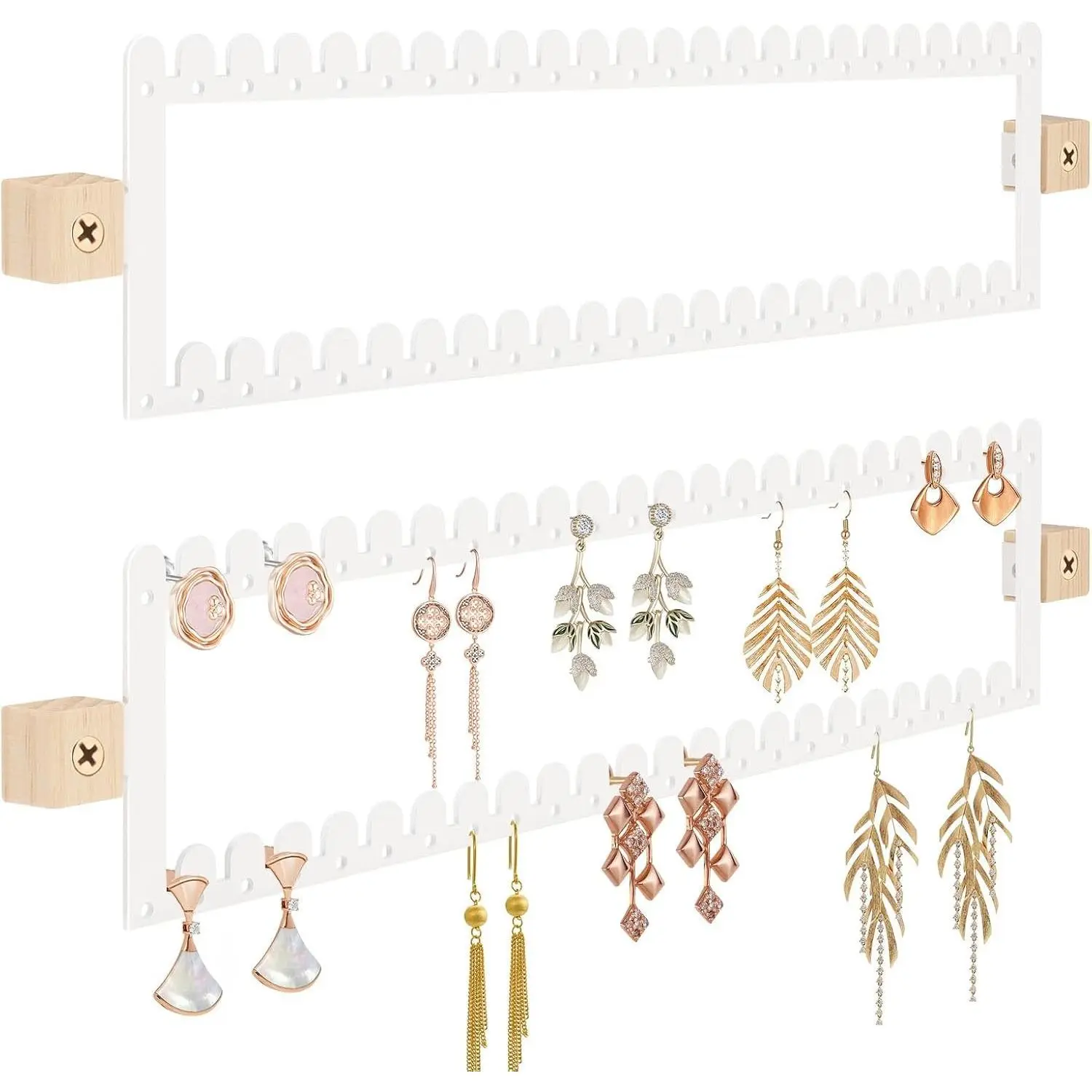 2 Tier Wall Mounted Earring Holder Organizer, 2PCS Metal Jewelry Display Storage with 96 Holes and 92 Grooves Hanging Tree for Stud Hoop Dangle Earrings Necklace WhiteGift