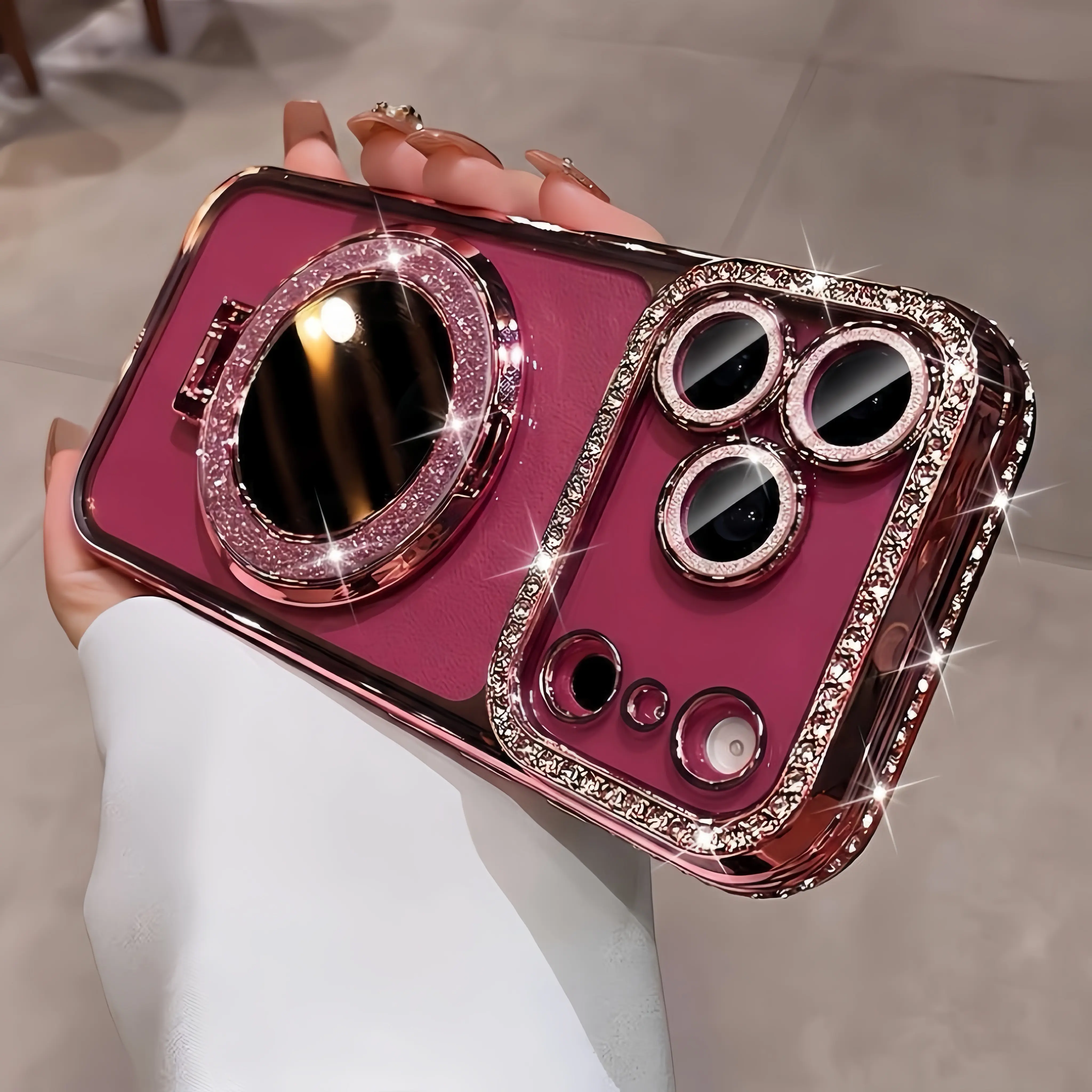 Luxury New Color Bling Glitter Camera Rhinestone Ring Holder Gradient Sequins Plated Phone Case Burgundy Compatible with Iphone 18 Pro Max 17 Pro Max Mirror Bracket Case super shining rose red