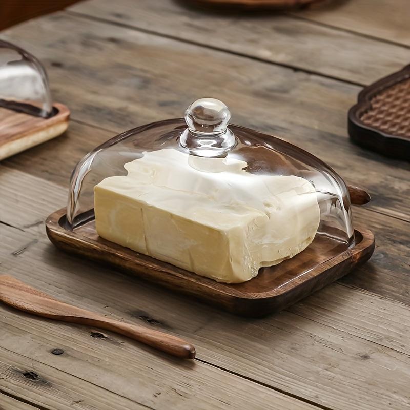 A Wooden Butter Dish with a Glass Lid And Wooden Knife, Suitable for Butter, Cheese, And Snacks - a High-Quality Essential for Kitchen Baking, Featuring a Covered Butter Dish, a Snack Serving Tray, Elegant Table Decor, And Durable Kitchenware