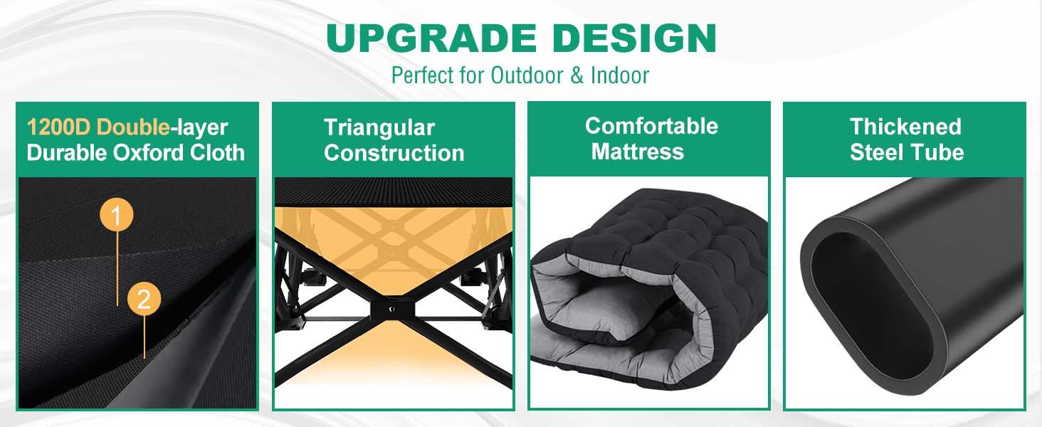 Lilypelle Oversized XXL Folding Camping Cot, 75" L x 28" W x 14"H / 78" L x 32" W x 18"H Heavy Duty Sleeping Cots w/Carry Bag, Up to 990LBS, Druable Triangular Construction, Double Layer Oxford Portable Travel Camp Cots