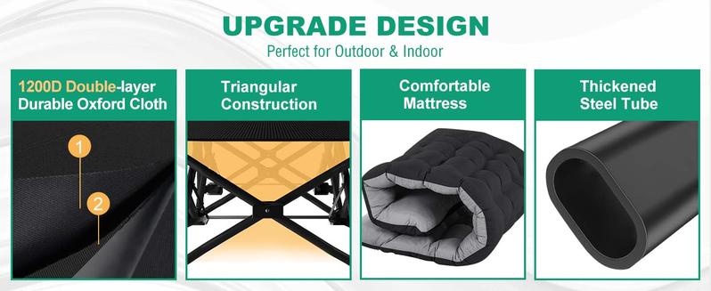Lilypelle Oversized XXL Folding Camping Cot, 75" L x 28" W x 14"H / 78" L x 32" W x 18"H Heavy Duty Sleeping Cots w/Carry Bag, Up to 990LBS, Druable Triangular Construction, Double Layer Oxford Portable Travel Camp Cots