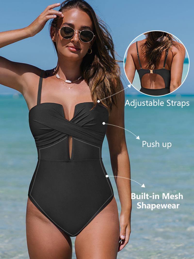 Popvil Solid Color Wrap Front Lace-up One Pieces Tummy Control V-Neck Swimsuit for Vacation,Sculpting Swimsuit,dealsforyoudays