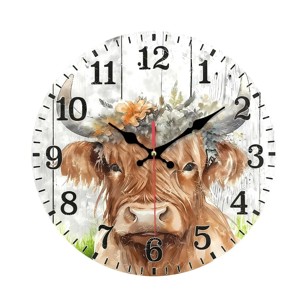 Silent Floral Highland Cow Wall Clock, Round Quartz Clock, Rustic Farmhouse Decor, Kitchen Living Room Bedroom Gift, Vintage Home Decoration