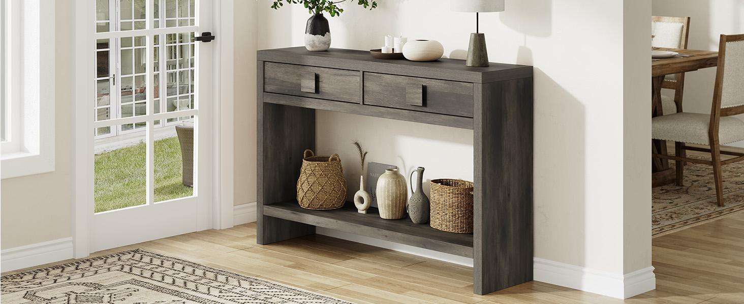 ONBRILL 47" Console Table with Drawers, Narrow Entryway Table with Open Storage Shelves, Mid Century Modern Hallway Accent Tables Behind Couch Table for Living Room【BlackFridayDeal】