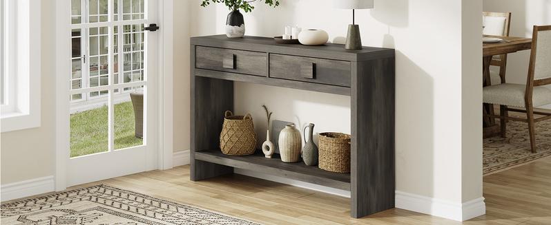 ONBRILL 47" Console Table with Drawers, Narrow Entryway Table with Open Storage Shelves, Mid Century Modern Hallway Accent Tables Behind Couch Table for Living Room【BlackFridayDeal】