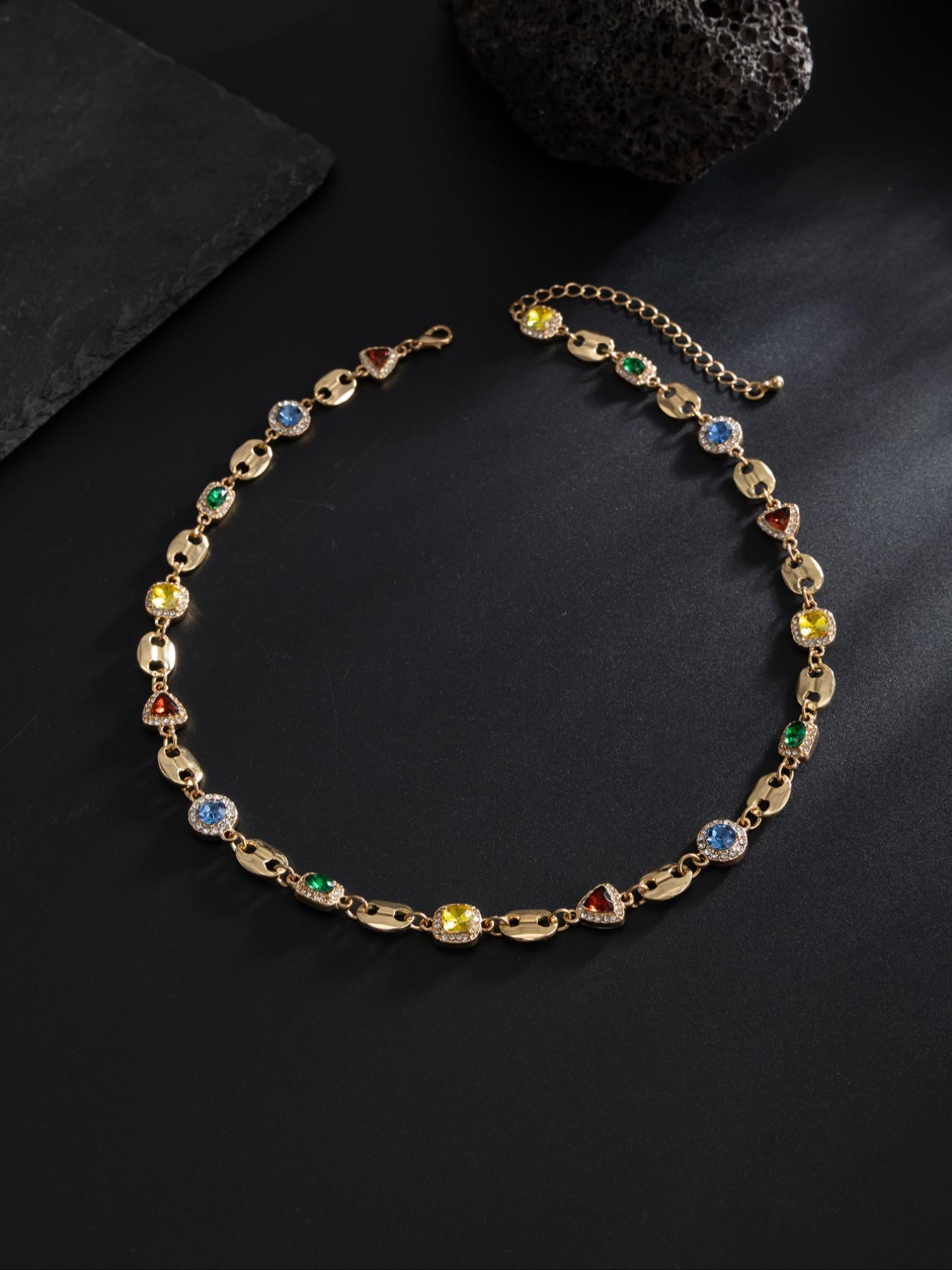 Men's Colorful Gemstone Necklace with Rhinestones, Elegant Rhinestone Necklace, Casual Jewelry for Daily Wear, Party & Holiday Accessories