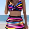 New Fashion Sexy Soft Cup Rainbow Stripe Bikini Set, All-Over Print Casual Swimsuit, Skirted Bathing Suit for Outdoor Pool Vacation, Beach Pool Swimsuit, Bikini With Skirt, Beach Swimwear Clothes