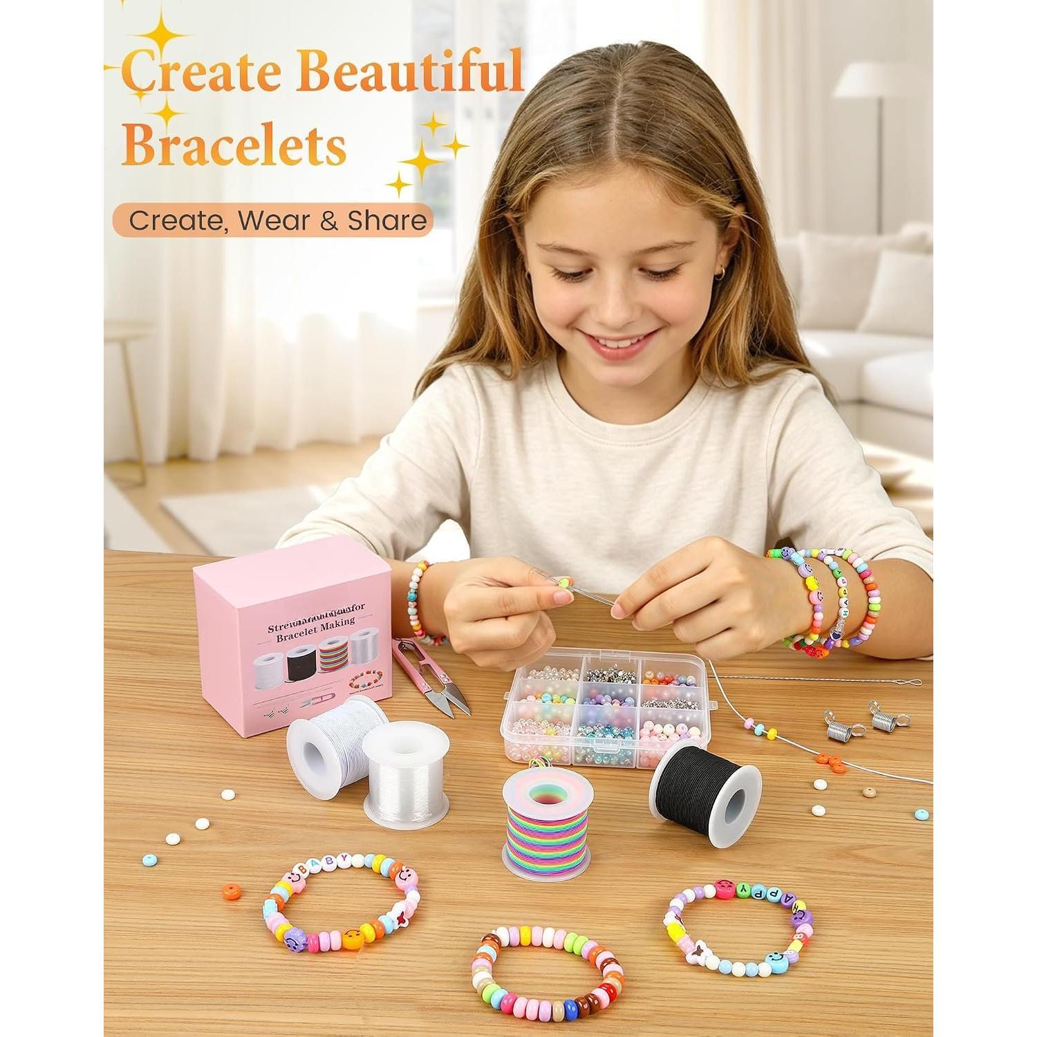 DIY Beading Elastic Cord Kit - 4 Rolls of 1mm 660FT Bracelet String for Pony Beads, Keychains, Jewelry Craft Projects